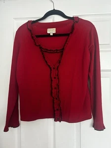 Oscar de la Renta Red Long Sleeve Cardigan Set With Black Trim - Picture 1 of 5