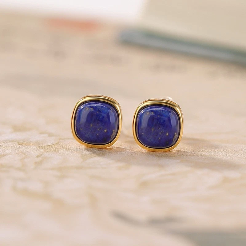N02 Orecchini Quadrato Blu Lapislazzuli Placcato Oro Argento 925 Orecchini - Immagine 1 di 4