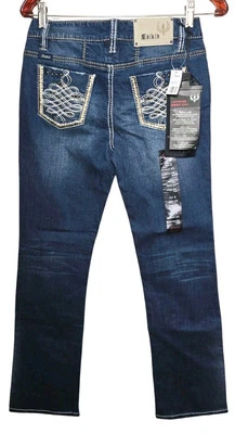 Pantalones de mezclilla Adiktd corte botachonado cosido solapa bolsillo lavado oscuro 27x32 nuevos con etiquetas Foto 1 de 4