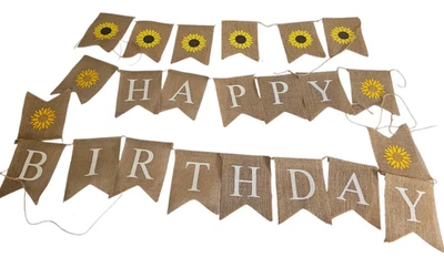 Happy Birthday Sunflower Burlap Banners Fall Decor White Letters 8 Feet & 6 Feet - Image 1 of 4