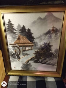 VTG Old Japan silk embroidery Pagoda Mountain Gold Needlepoint Signed Art Framed - Picture 1 of 11