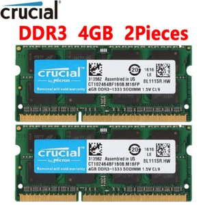 Crucial 8GB KIT 2X 4GB DDR3 1333MHz PC3 10600S Laptop 204Pin SODIMM Memory RAM - Picture 1 of 9