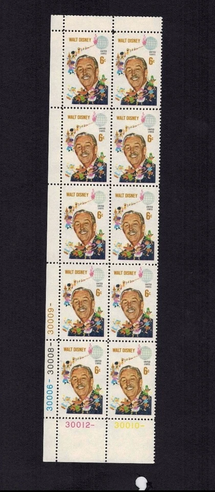 Plate block of 10 #1355 6c WALT DISNEY GUTTER SNIPE at top - Image 1 of 2