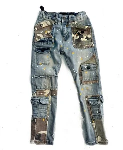 Waimea Boys Blue Denim Camo Distressed Moto Skinny Fit Jeans sz 6 Adjustable - Picture 1 of 9