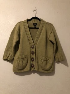 Pure Handknit Size M/L Sweater Green V-Neck Button 3/4 Sleeve Pockets - Picture 1 of 7
