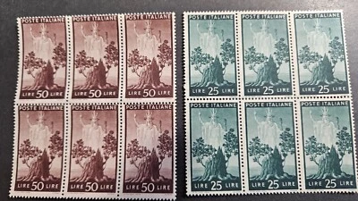 Italy Stamp Sc475-6, 25L & 50L  Italia, Corner blk 6, MNH F/VF CV$171.00 (50401) - Image 1 of 2