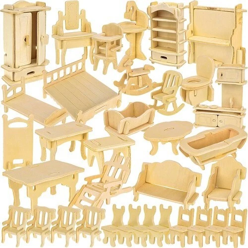 KRUZZEL Puppenhaus Möbel Personalisierbar 34-teilig DIY 3D-Puzzle Bastelset Holz