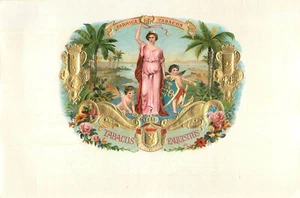 Zigarrenkiste Etikett innen Nueva Estatua Cherubs Karibik Szene Rosen Palmen - Bild 1 von 2