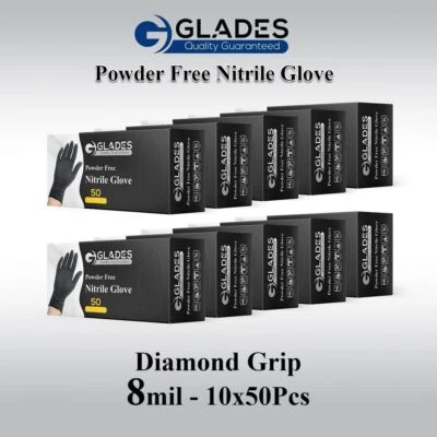 GLADES™ HEAVY DUTY DIAMOND GRIP INDUSTRIAL BLACK NITRILE GLOVE 8 MIL MECHANIC LARGE 1000