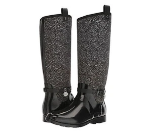 Michael Kors MK CHARM Black White Stretch Tall Rain Boots Shoes Flats 11 NEW - Picture 1 of 5