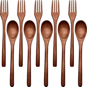 10PCS Reusable Wooden Spoons Forks Set, Wood Dinner Utensil Set, Cooking Utensil - Picture 1 of 7