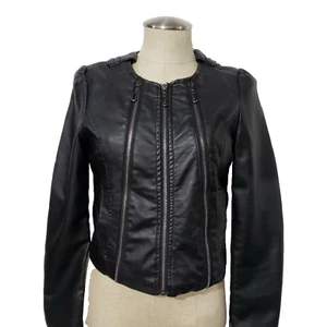 Chaqueta corta con cremallera de cuero sintético negro rosa rubí S - Imagen 1 de 11