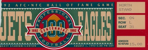 1992 Hall Of Fame Game Ticket New York Jets vs Philadelphia Eagles 37545 Cover