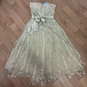 Oasis Special Occasion Dress Size UK 12 RRP £85 Gold Strapless Sequin Midi - Bild 1 von 10