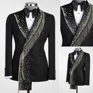 Hombres Traje Estrás Borla Cinta Blazer Chaqueta Formal Boda Novio Trajes - Imagen 1 de 9
