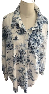 Avon Women's plus cotton Art Lake White Blue print long sleeve Blouse size 3X - Picture 1 of 4