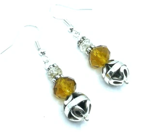 Brighton Kalpana Amber Brown Crystal Silver Cutout Flower Beads Custom Earrings - Picture 1 of 5