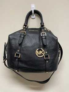Michael Kors Bedford Bowling Medium Black Leather Satchel Bag Crossbody Strap - Picture 1 of 12