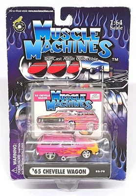 Muscle Machines 1/64 Scale 71151 02-70 - 1965 Chevy Chevelle Wagon - Pink/Yellow - Image 1 of 4