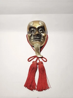 Máscara metálica japonesa vintage Noh Okina Old Wise Man acabado bronce dorado Foto 1 de 4