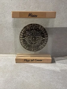 Playa del Carmen Maya Aztec Calendar Plaque Art In Glass Display 5.5” X 7.5” Mex - Picture 1 of 8
