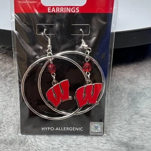 Wisconsin Badgers Earrings 2" Bead Hoop Dangle Women Fashion NCAA Merch - Picture 1 of 2