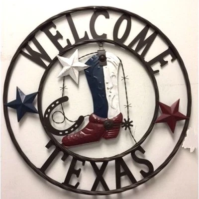 24" BOTA DE CAUBÓI BEM-VINDA TEXAS ESTRELAS METAL ARTE DE PAREDE DECORAÇÃO DE CASA OCIDENTAL ARTE ENFERRUJADA - Imagem 1 de 2