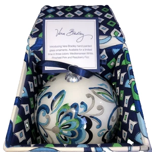 Vera Bradley Mediterranean White Floral Glass Ornament In Fabric Keepsake Box - Picture 1 of 12