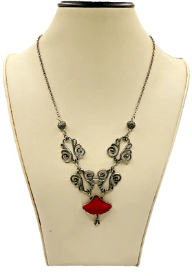 Collar de desplazamiento estilo vintage con colgante de abanico sintético rojo Foto 1 de 4