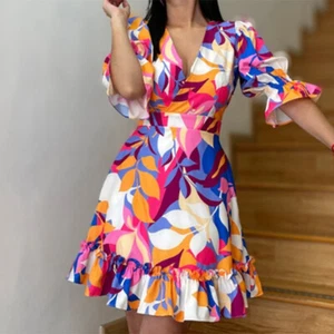 Summer Women's Temperament Printed Fashion Trend Elegant Ruffle Edge Dress New - Picture 1 of 13