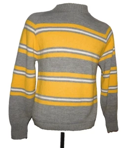 VTG 70'S BRENTWOOD SPORTSWEAR SWEATER STRIPED PULLOVER ORLON Yellow & Gray sz M - Picture 1 of 7