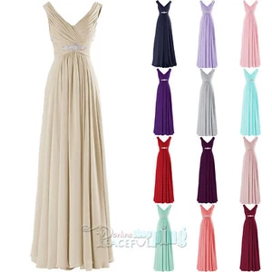 New Long Chiffon V-Neck Evening Formal Party Ball Gown Bridesmaid Prom Dresses - Picture 1 of 17