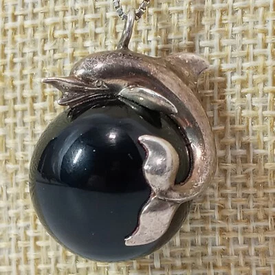 Collar de cadena de plata esterlina con colgante de cuentas de piedras preciosas negras de delfín de 30" Italia 925 Foto 1 de 4