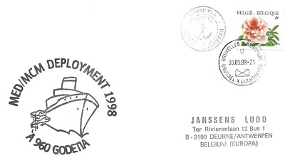 БЕЛЬГИЯ - ВОЕННО-МОРСКОЙ ЧЕХОЛ ЛОГИСТИЧЕСКИЙ КОРАБЛЬ BNS GODETIA - 1998 - КОРАБЛЬ CACHET И ГЕРБ - Изображение 1 из 3