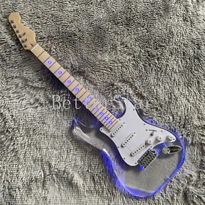ST E-Gitarre blau LED Kristall Acryl Körper Ahorn Griffbrett Ahornhals