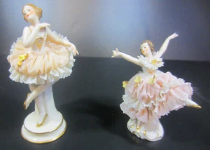 Lot of 2 German Made Dresden Lace Porcelain Ballerinas 4 1/4" H and 3 1/2" H - Picture 1 of 7
