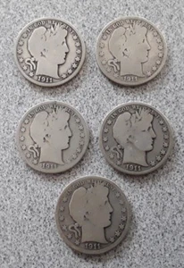 Lot of 5 Barber Half Dollar 50C 1911 D/1911 S/1911 P (3) Circulated Ungraded Unc - Bild 1 von 4
