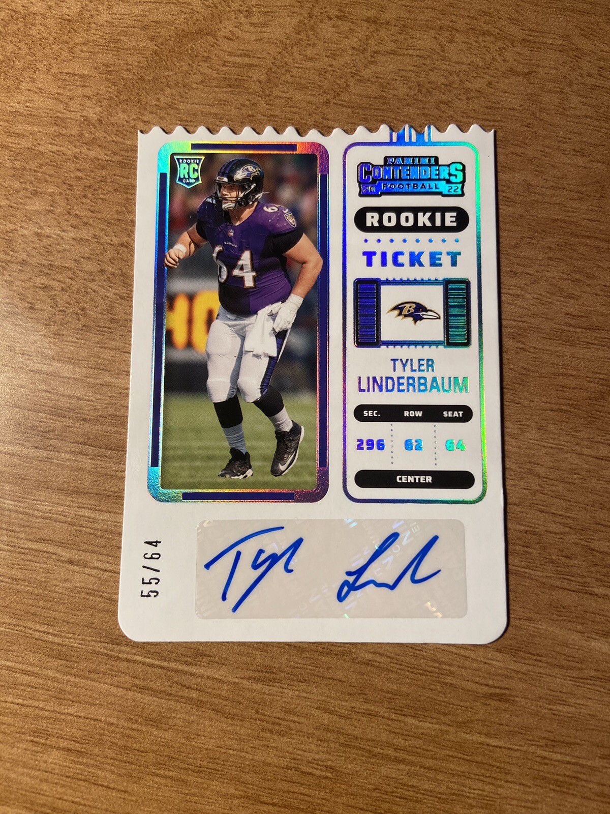 2022 Panini Contenders Tyler Linderbaum RC /64 Auto Ravens Rookie Ticket Stub