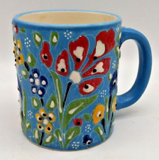 Tableworks.com Mug Blue w/Colorful Floral Raised Relief Hand Made Turkey