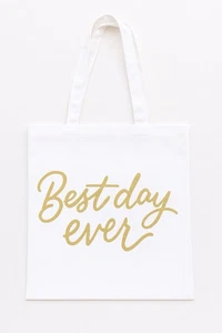 Bolso de Mano “Best Day Ever” Blanco/Dorado Lona Algodón Nuevo 13.5x15 Inspiración Nupcial - Imagen 1 de 4