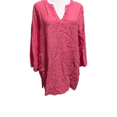Blusa Lands’ End túnica feminina mistura de linho tamanho pequeno rosa gola V manga 3/4 - Imagem 1 de 4