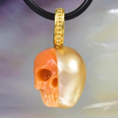 Skull IN Süd See Perle Anhänger Geschnitzter Aprikose Muschel & Vermeil Sterling - Bild 1 von 4
