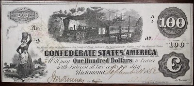 1862 $100 Confederate States Of America Currency STAMPED T40 CR298 R.3 P87 - Image 1 of 2