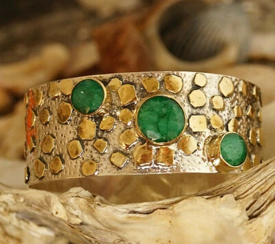 Breit 2,7 cm Armreif 925er Silber Smaragd Grün Handarbeit Messing Kleckse Muster - Bild 1 von 4