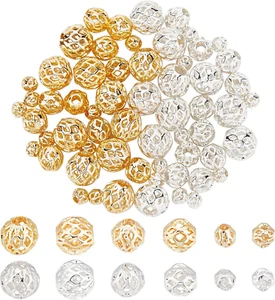 Pandahall 3 Sizes Real 18K Gold Silver Plated Hollow Beads, 60Pcs round Filigree - Picture 1 of 7