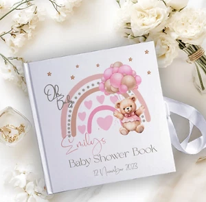 PERSONALISIERTES Babyparty HARDCOVER GÄSTEBUCH Bär rosa Design ERINNERUNGSALBUM - Bild 1 von 4