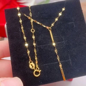 Pure 18K Yellow Gold Chain Women Lucky Lips Link Stick Tassel Necklace 17.7inch - Picture 1 of 7