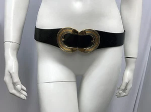 VINTAGE FINESSE LA MODEL BELT BLACK LEATHER SNAKESKIN LARGE CABLE 2 TONE BUCKLE - Picture 1 of 7