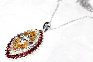 9ct White Gold Garnet + Citrine Pendant (4.10g) + 18" 9ct White Gold Chain - Picture 1 of 14