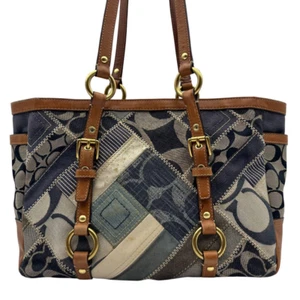 Auth COACH Signature Patchwork Gallery Tote 12217 Navy White Brown Jacquard - - Picture 1 of 14